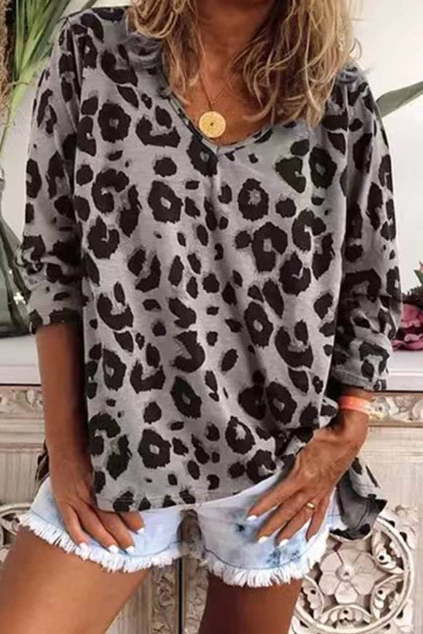 Gray Leopard Split Joint V Neck Long Sleeve Top Gray Leopard Split Joint V Neck Long Sleeve Top
