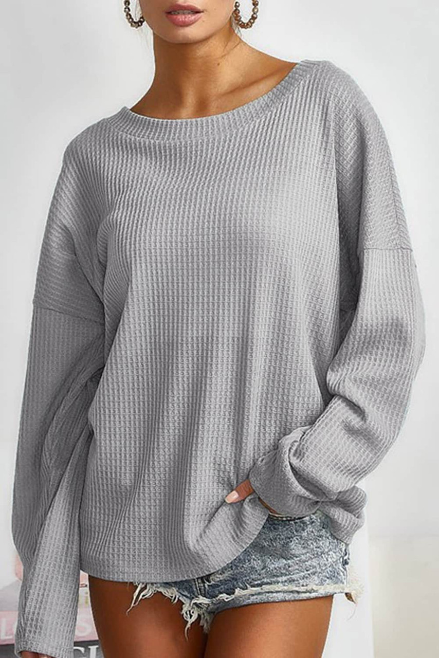 Gray V Cut Drawstring Back Waffle Knit Long Sleeve Top