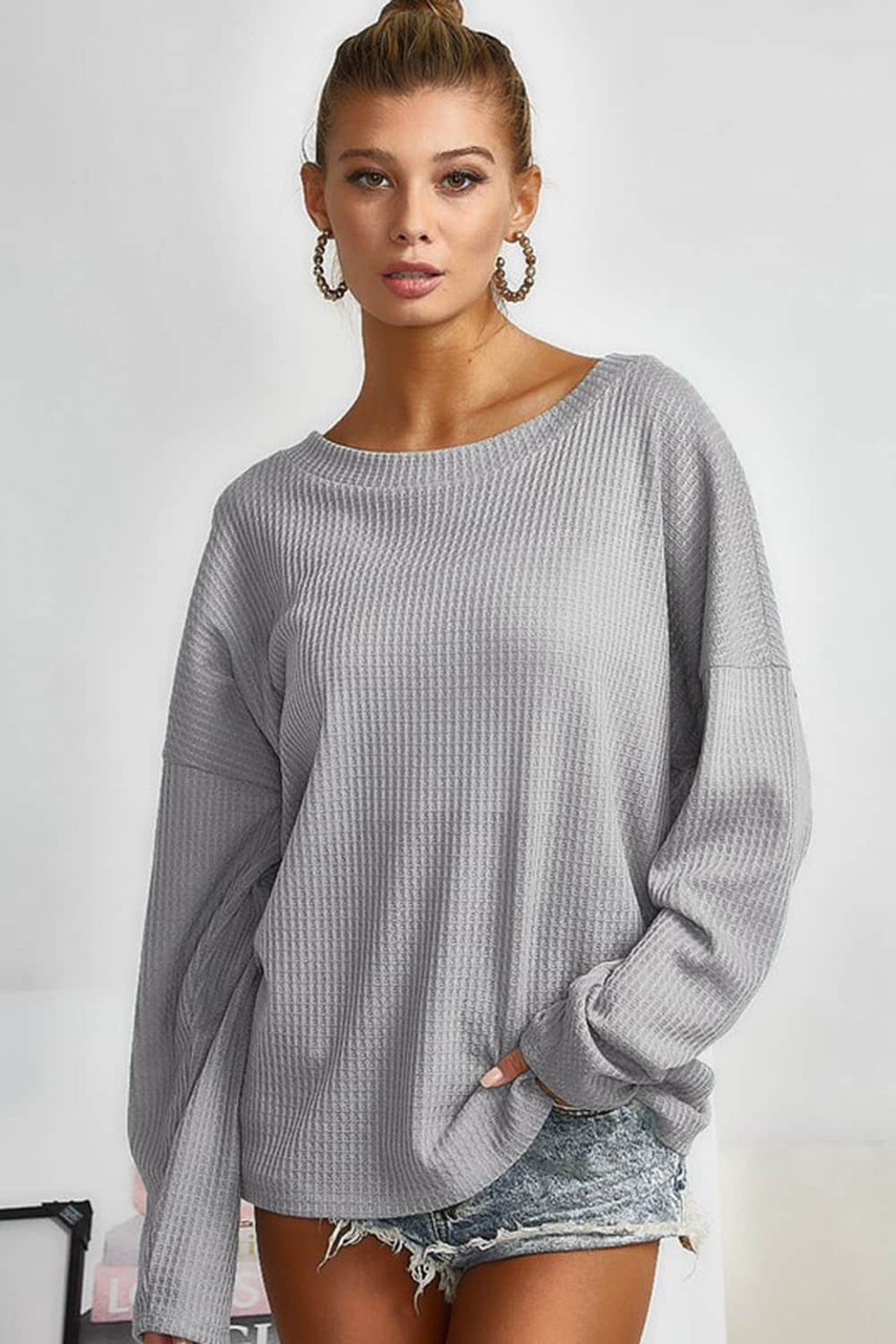 Gray V Cut Drawstring Back Waffle Knit Long Sleeve Top