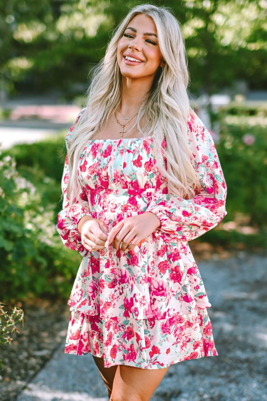 Pink Ruffle Tiered High Waist Puff Sleeve Floral Dress