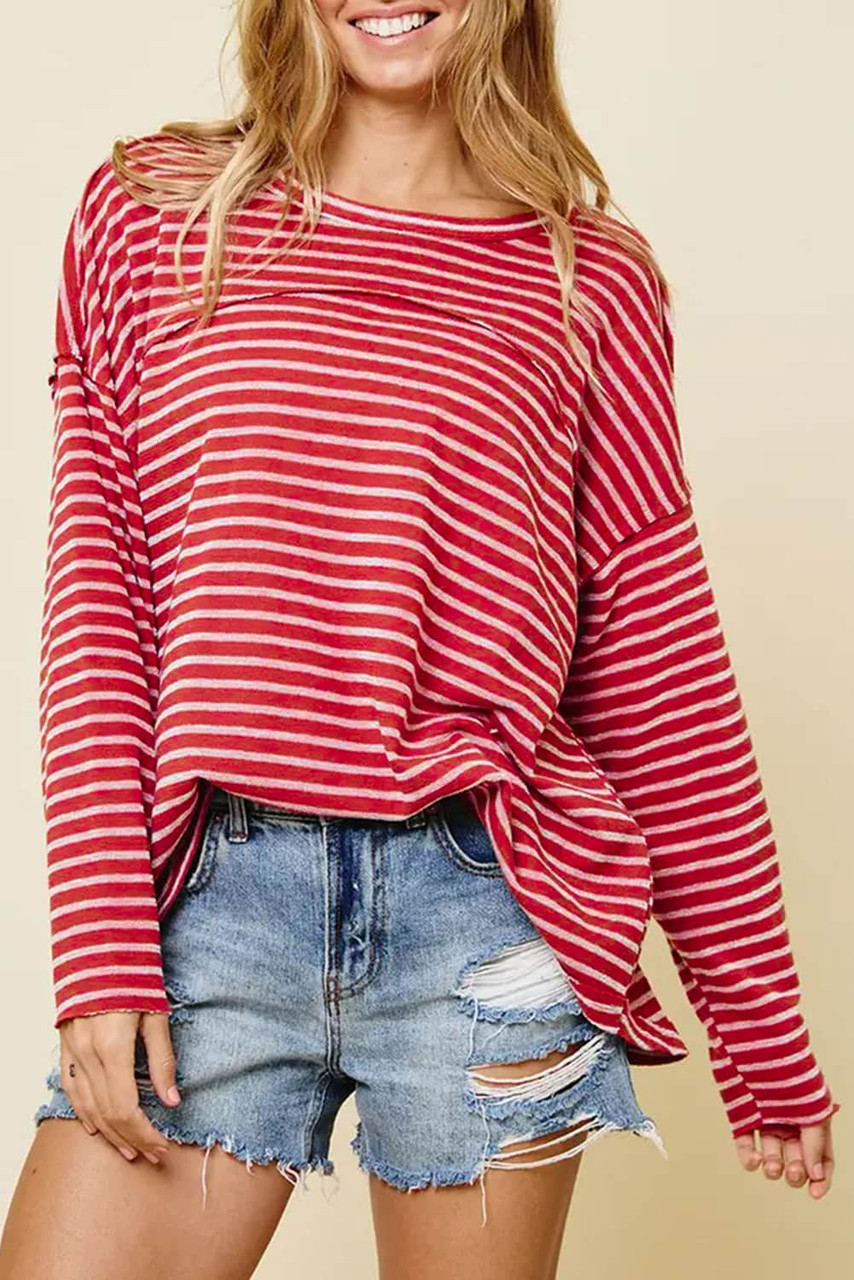 Red Striped Drop Shoulder Exposed Seam Long Sleeve Top