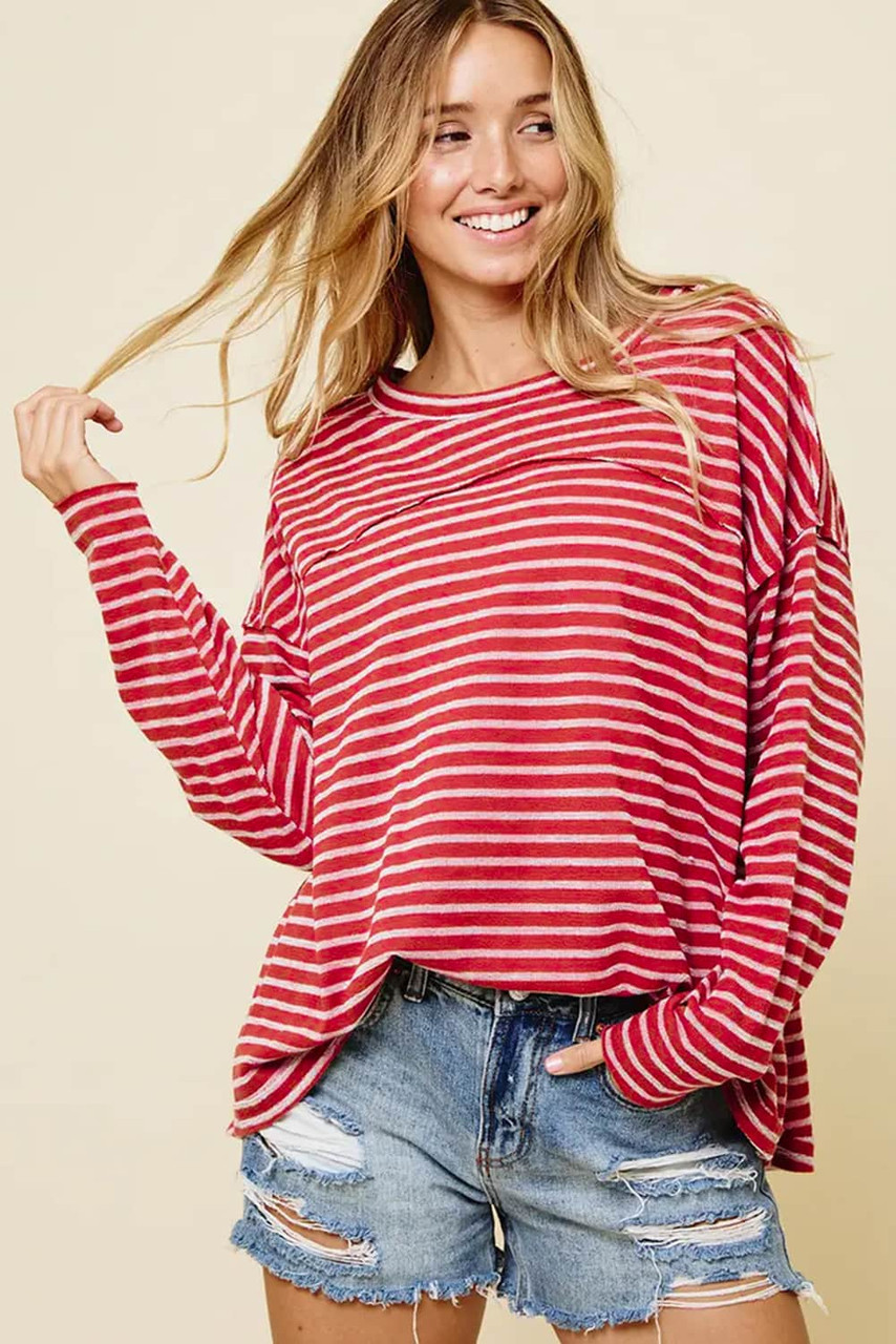 Red Striped Drop Shoulder Exposed Seam Long Sleeve Top