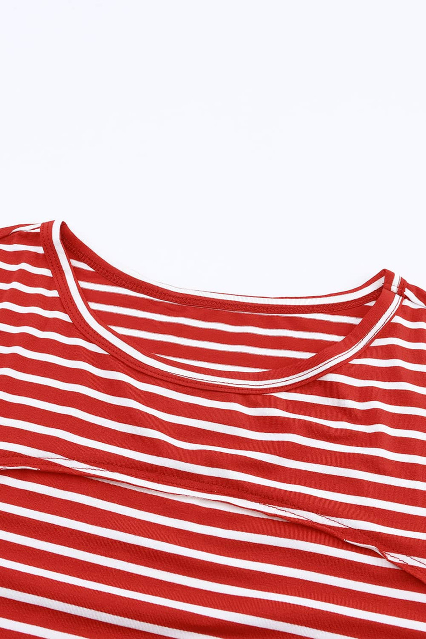 Red Striped Drop Shoulder Exposed Seam Long Sleeve Top