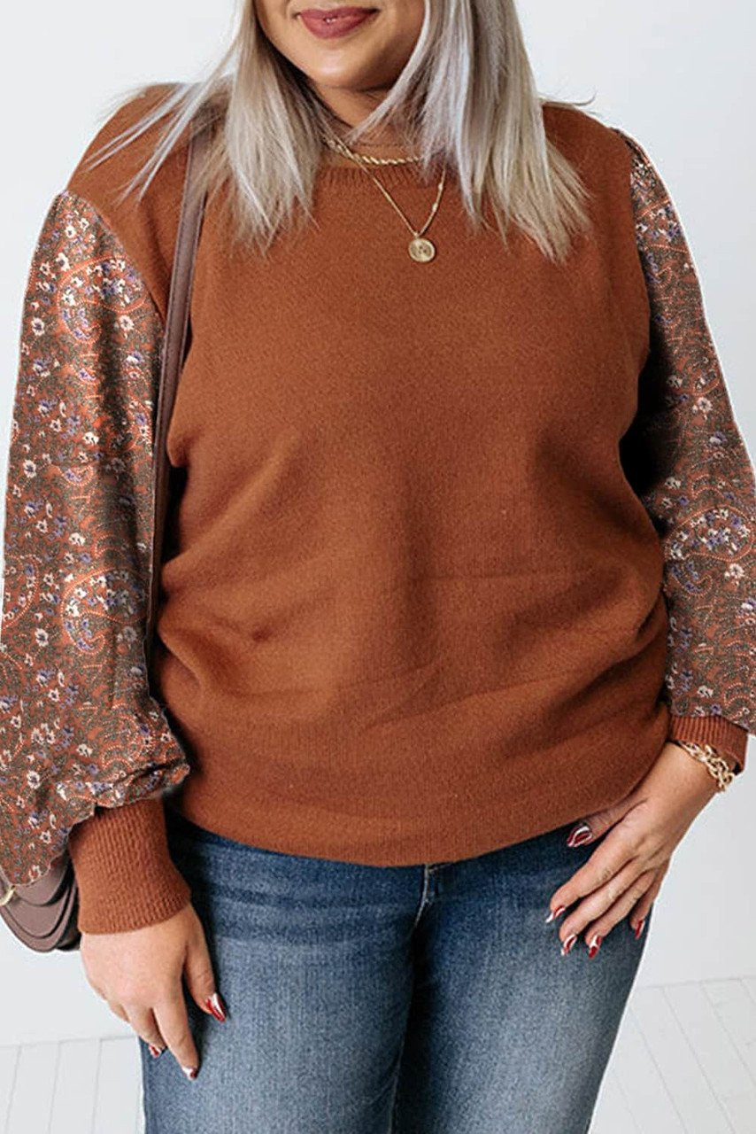 Brown Plus Size Printed Splicing Sleeve Ribbed Trim Sweater