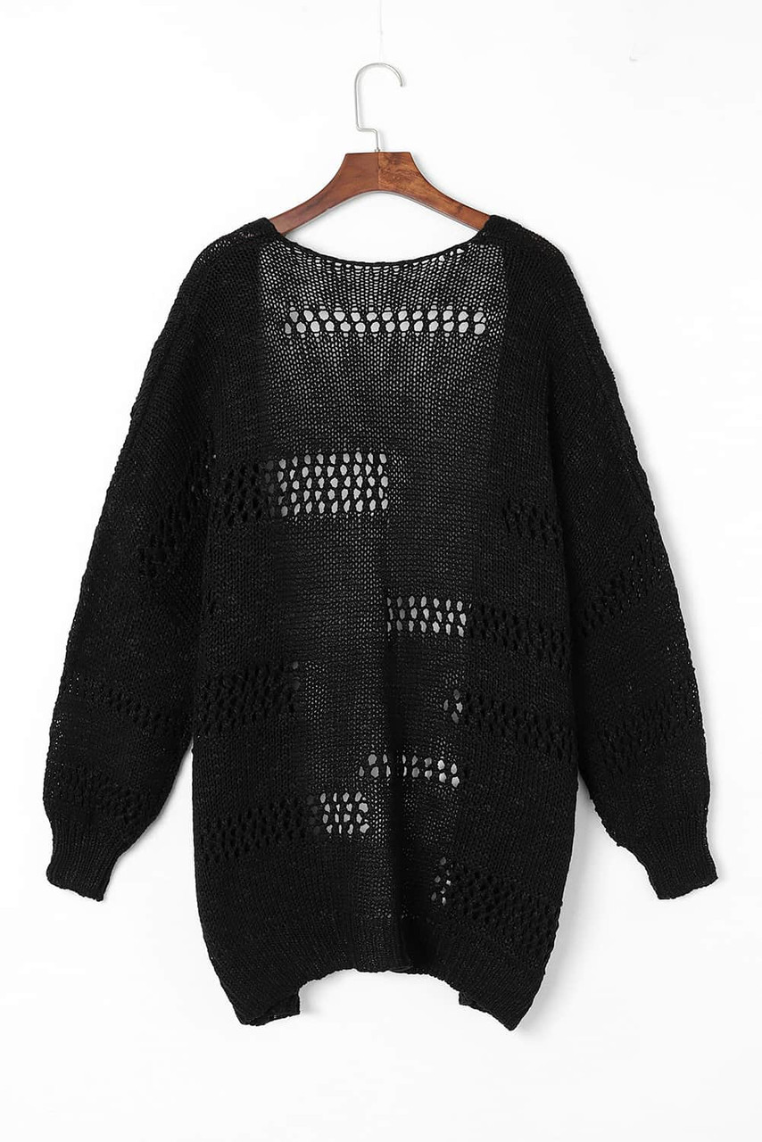 Black Casual Hollowed Knit Dolman Sleeve Cardigan