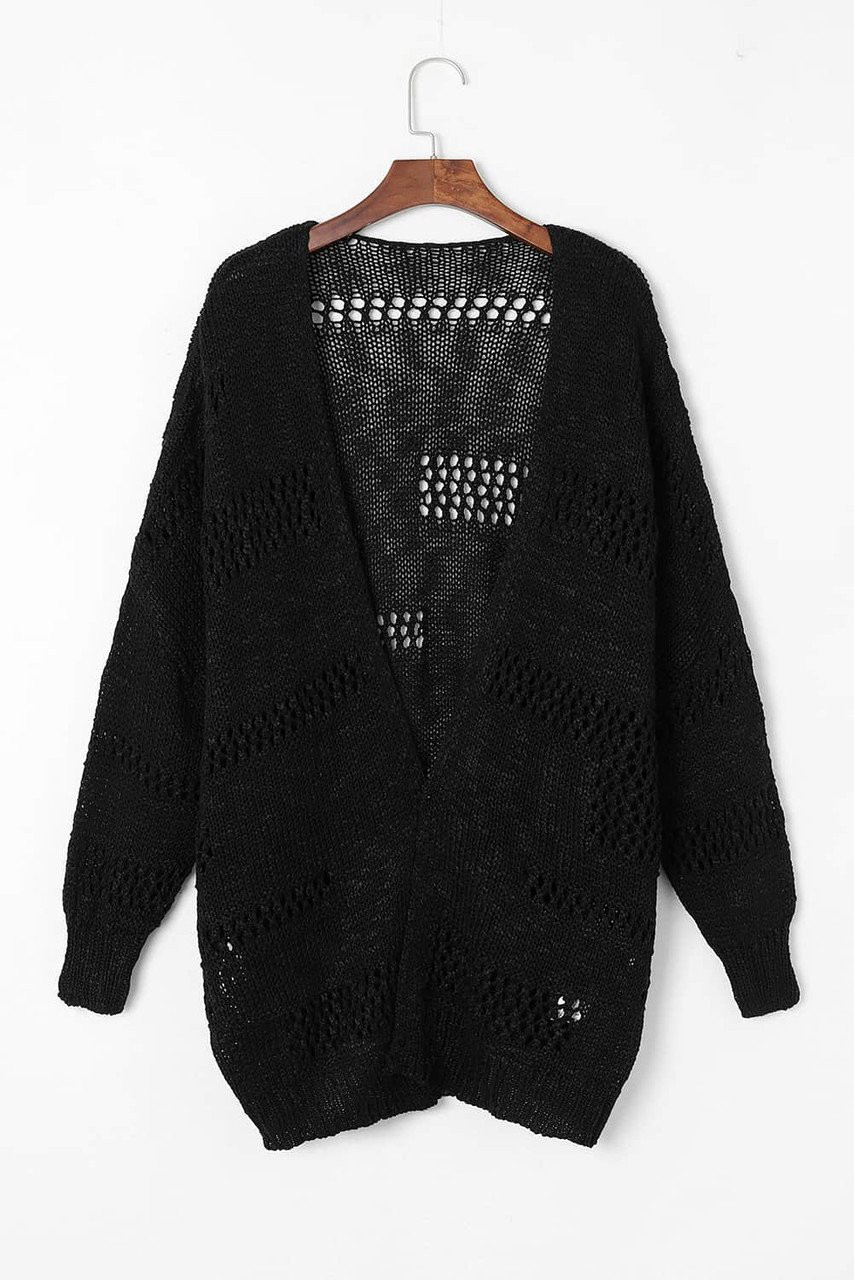 Black Casual Hollowed Knit Dolman Sleeve Cardigan