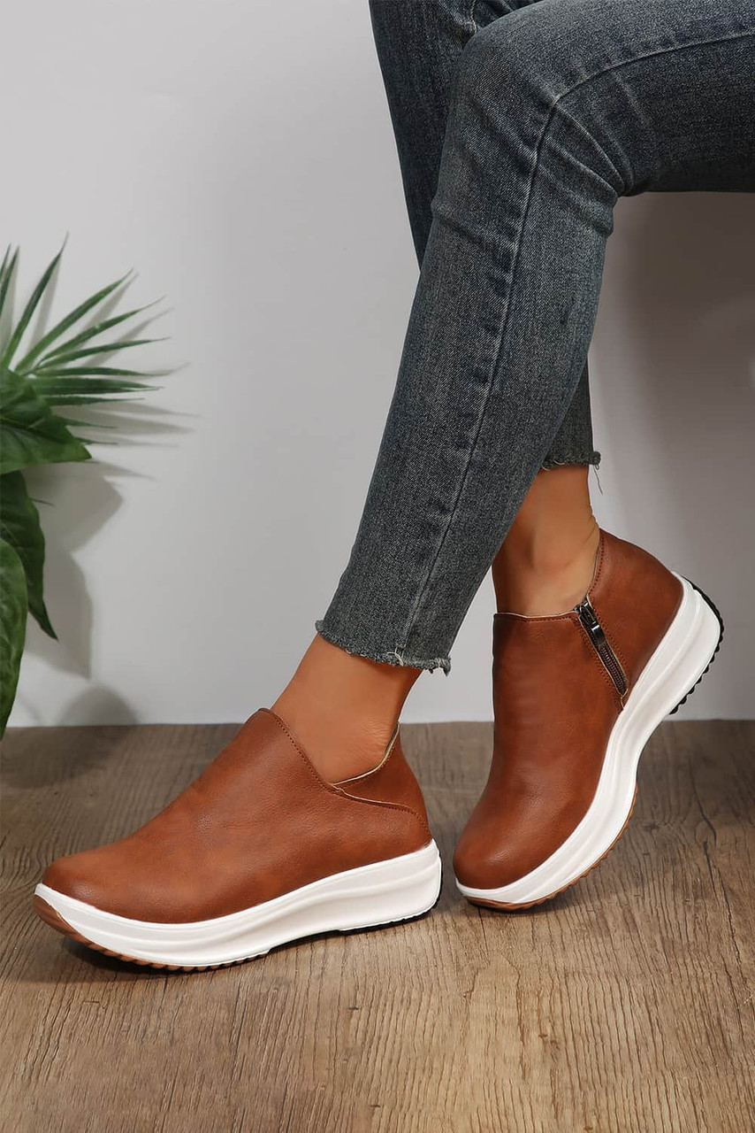 Brown Leather Zipped Non-slip Thick Sole Shoes