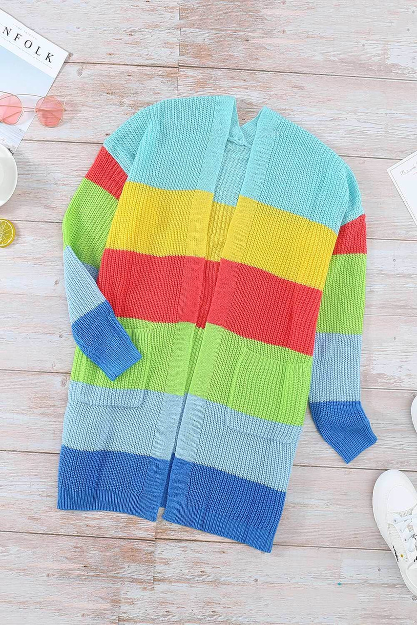 Rainbow Color Block Open Front Drape Oversized Knitted Cardigan