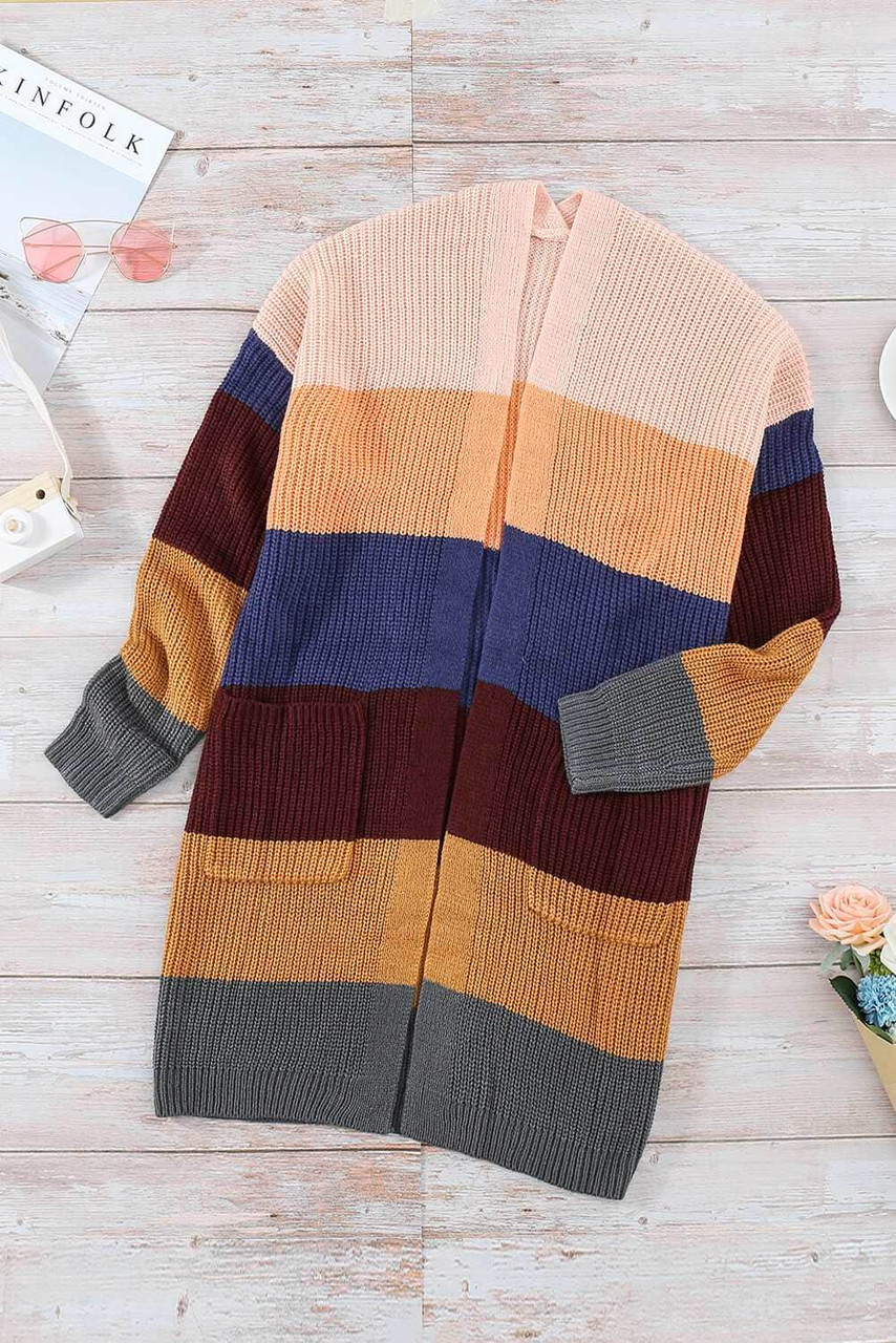 Rainbow Color Block Open Front Drape Oversized Knitted Cardigan