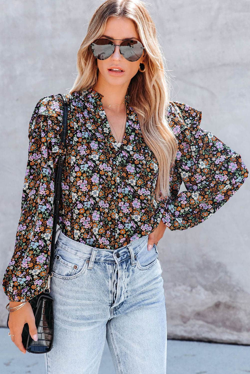 Floral Print Ruffled Bubble Sleeve Shirt