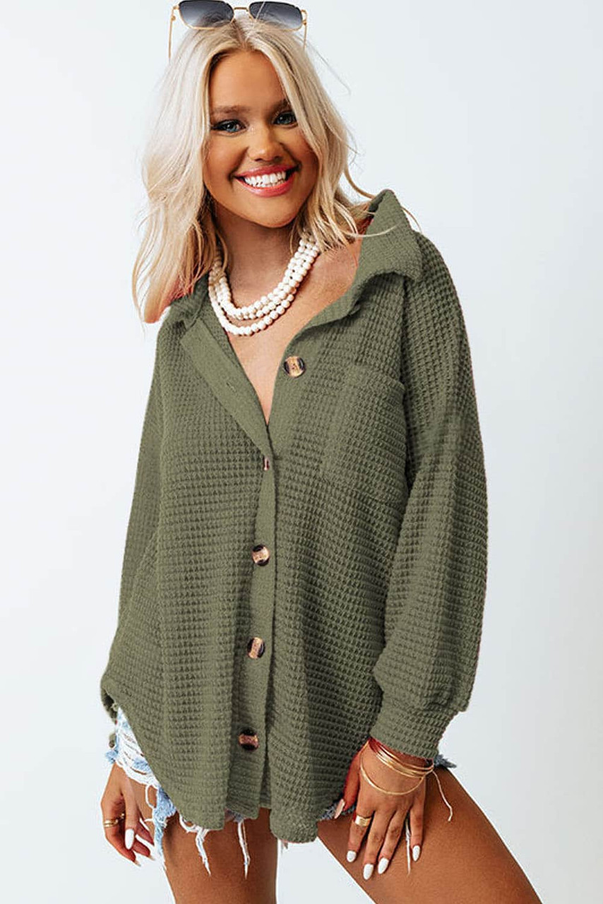 Green Waffle Knit Button Up Casual Shirt