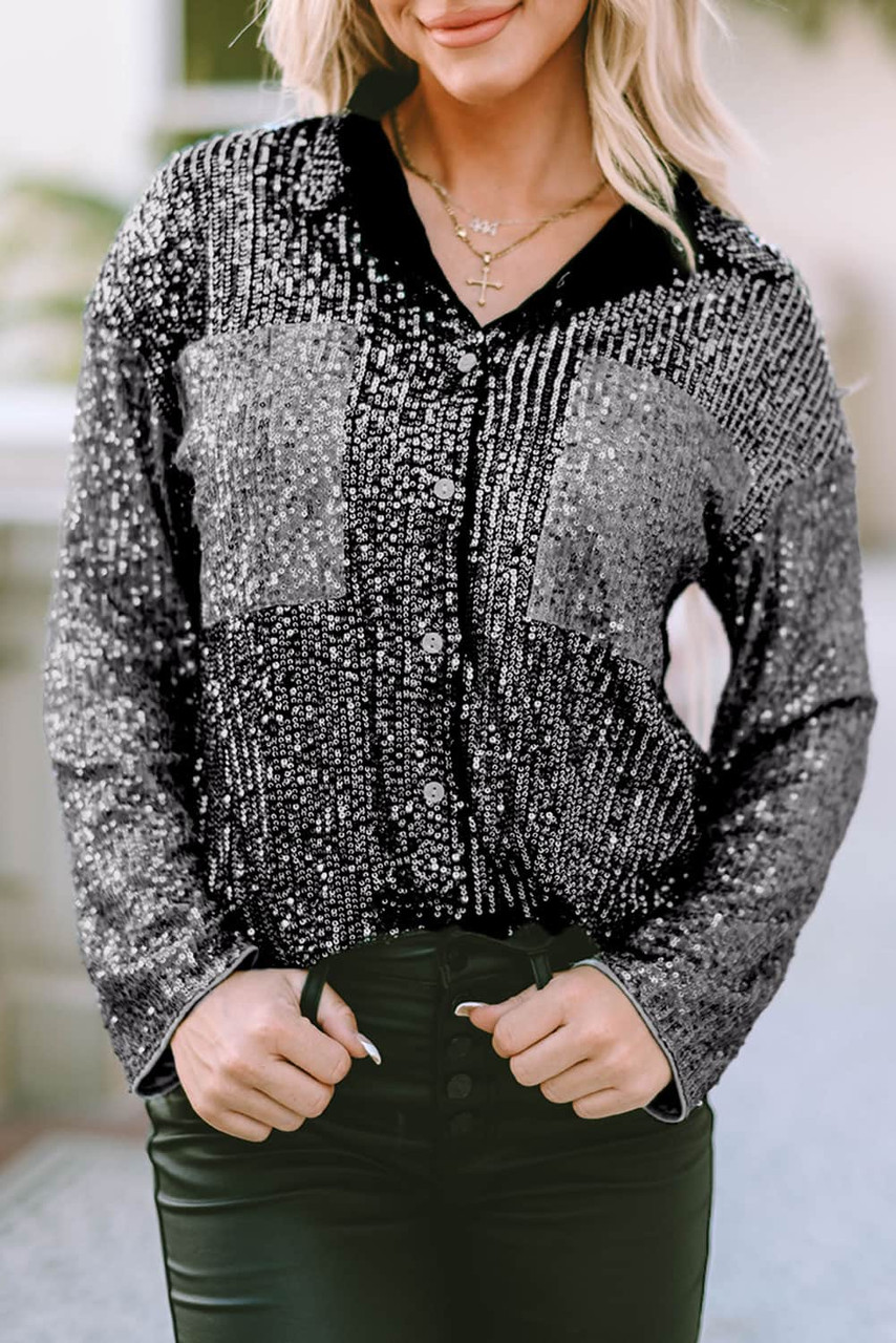 Gray Sequin Color Block Patch Pocket Shirt