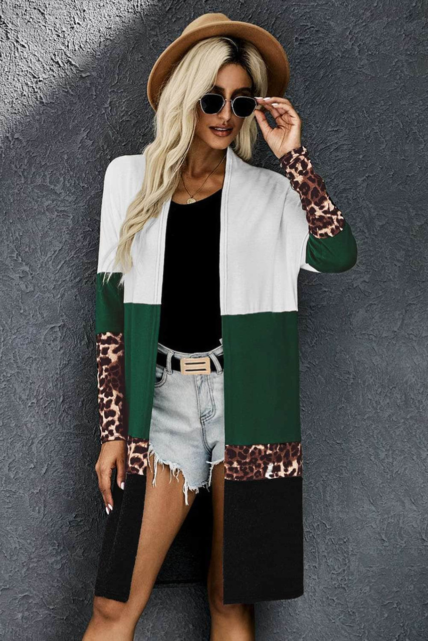 Colorblock Leopard Print Patchwork Knit Cardigan