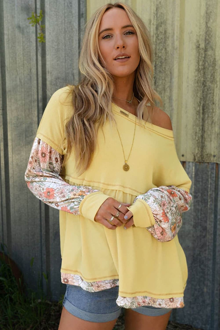 Yellow Floral Patchwork Waffle Knit Babydoll Blouse