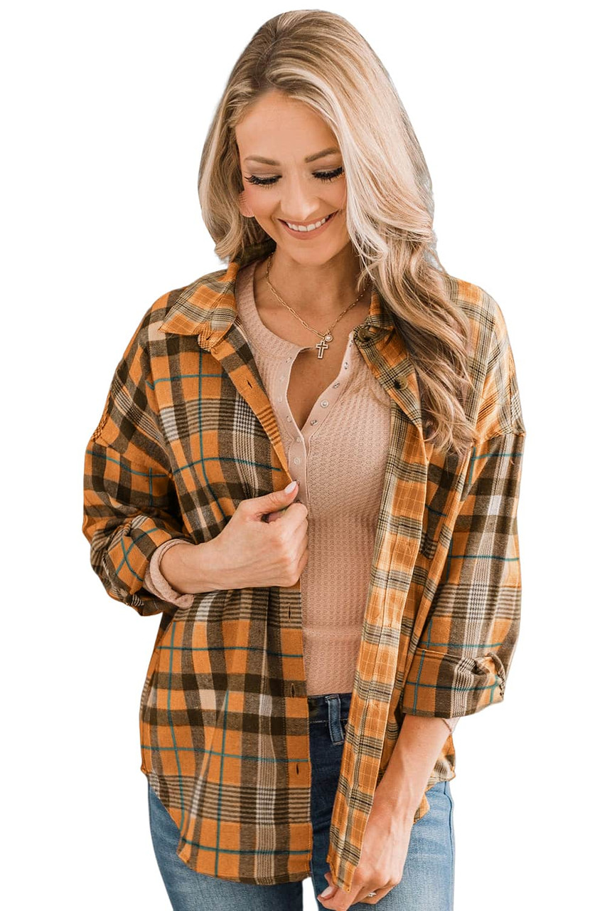 Orange Drop Shoulder Rounded Hem Plaid Pattern Shirt