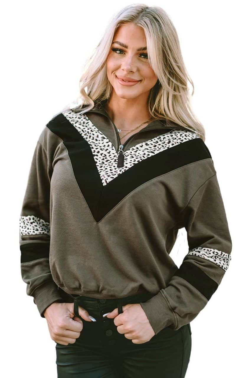 Green Leopard Contrast Splicing Quarter Zip Sweatshirt