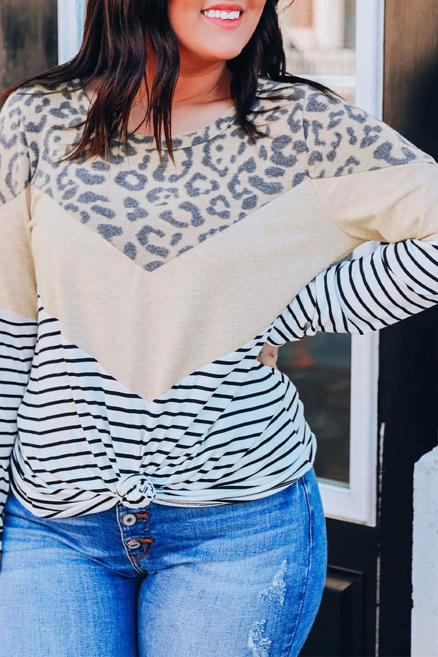 Multicolor Leopard Colorblock Striped Patchwork Plus Size Long Sleeve Tee Multicolor Leopard Colorblock Striped Patchwork Plus Size Long Sleeve Tee