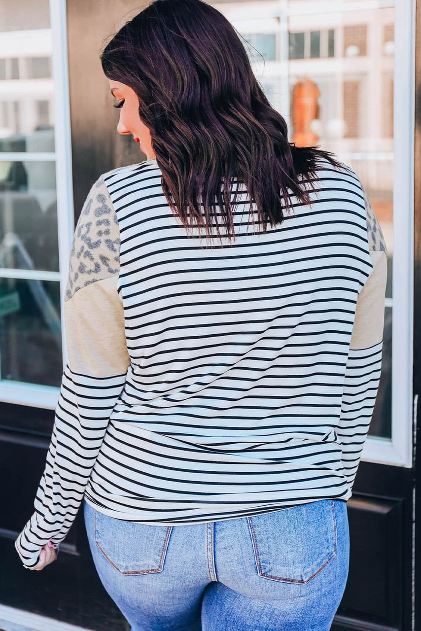 Multicolor Leopard Colorblock Striped Patchwork Plus Size Long Sleeve Tee Multicolor Leopard Colorblock Striped Patchwork Plus Size Long Sleeve Tee