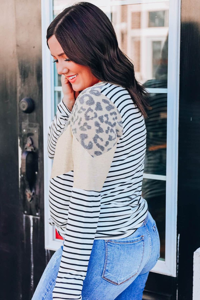 Multicolor Leopard Colorblock Striped Patchwork Plus Size Long Sleeve Tee Multicolor Leopard Colorblock Striped Patchwork Plus Size Long Sleeve Tee