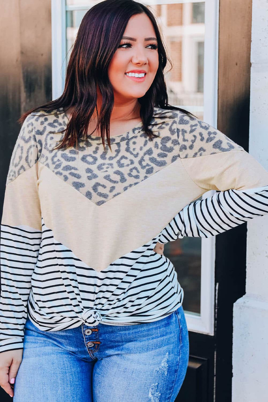 Multicolor Leopard Colorblock Striped Patchwork Plus Size Long Sleeve Tee Multicolor Leopard Colorblock Striped Patchwork Plus Size Long Sleeve Tee