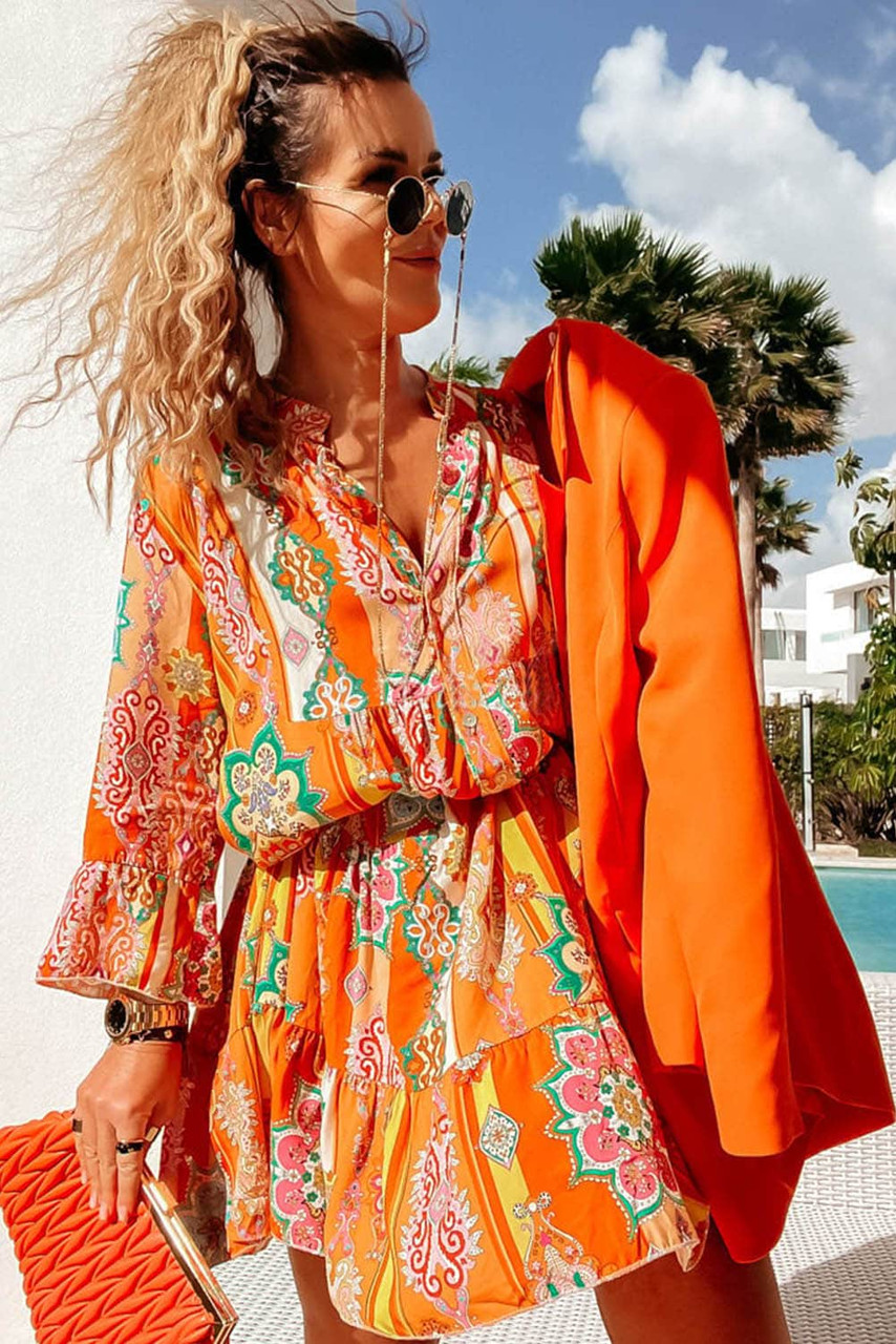 Orange Boho Geometric Print Buttoned V Neck Mini Dress