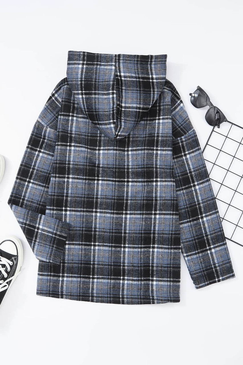 Black Plaid Button Neck Pocketed Pullover Hoodie