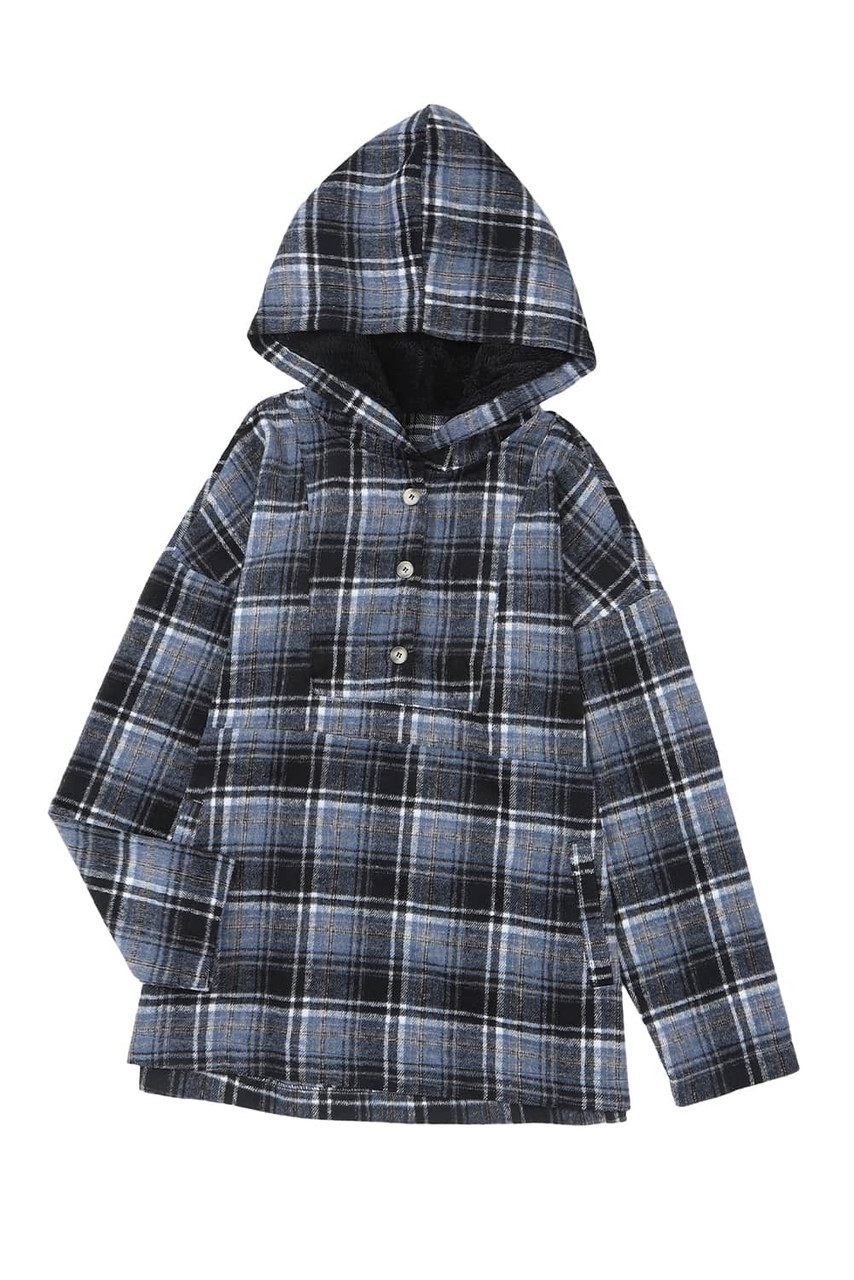 Black Plaid Button Neck Pocketed Pullover Hoodie