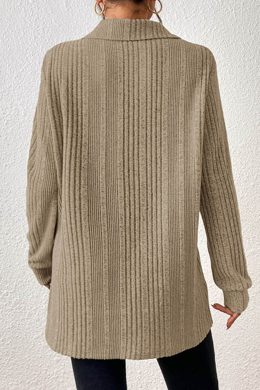 Apricot Ribbed Knit V Neck Collared Split Hem Tunic