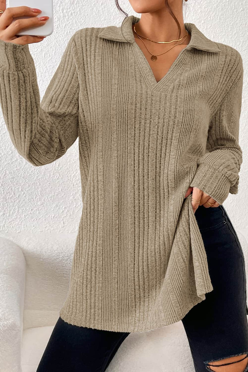 Apricot Ribbed Knit V Neck Collared Split Hem Tunic