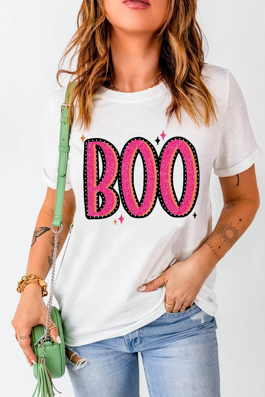 White BOO Crew Neck Graphic T Shirt