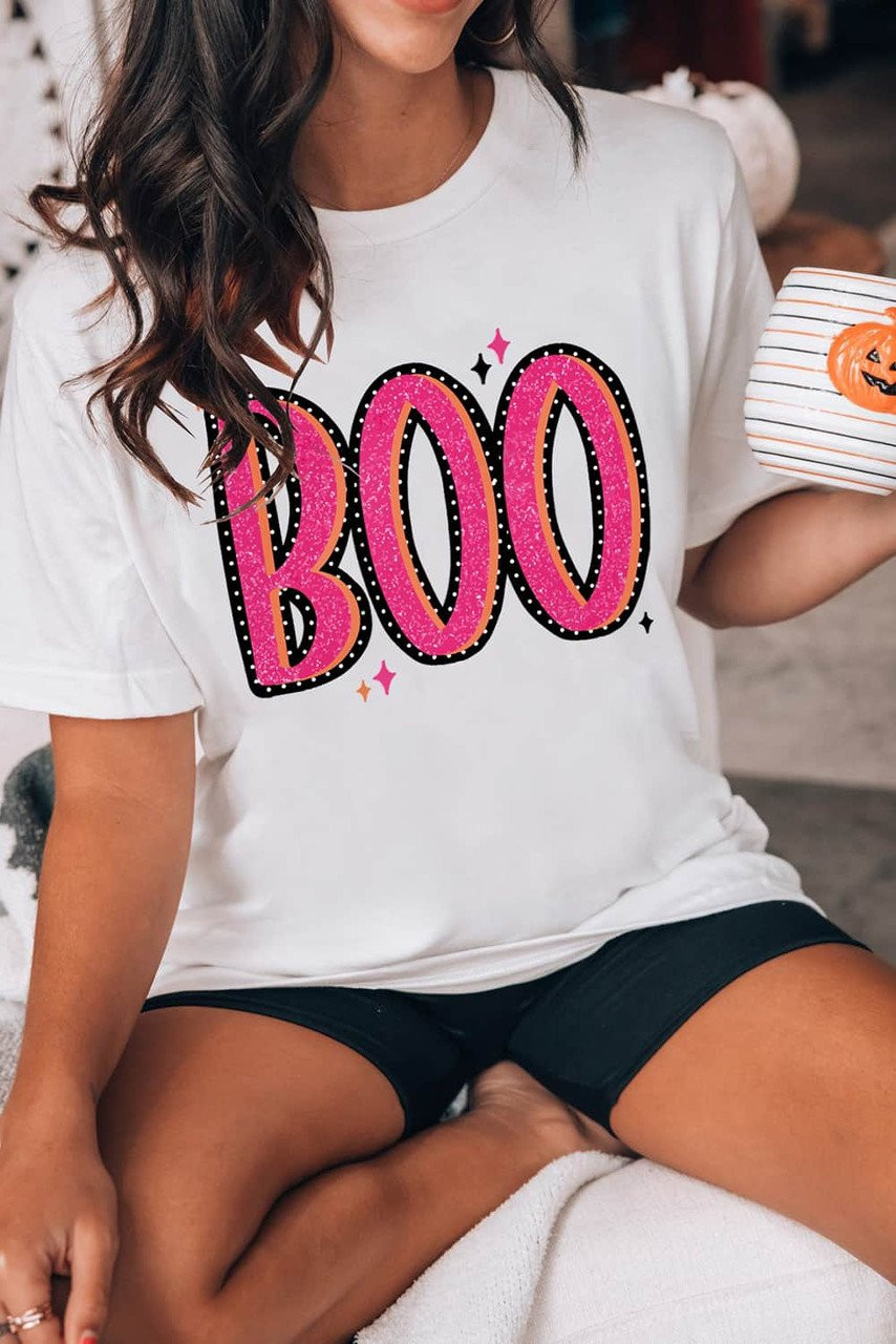 White BOO Crew Neck Graphic T Shirt White BOO Crew Neck Graphic T Shirt