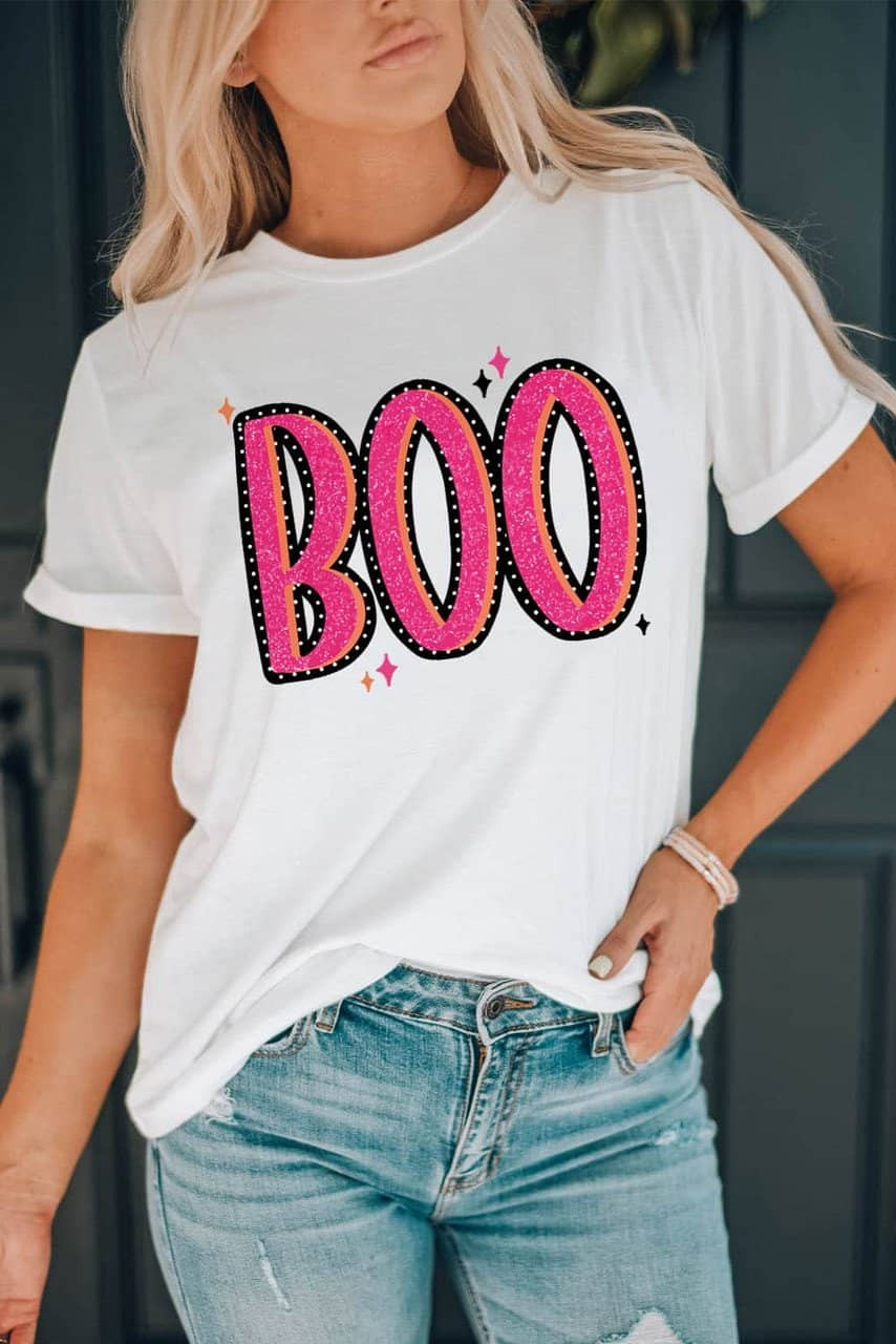 White BOO Crew Neck Graphic T Shirt White BOO Crew Neck Graphic T Shirt