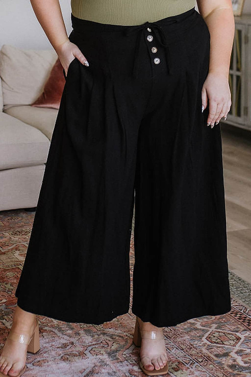 Black Buttoned Lace-up Waist Wide Leg Plus Size Pants