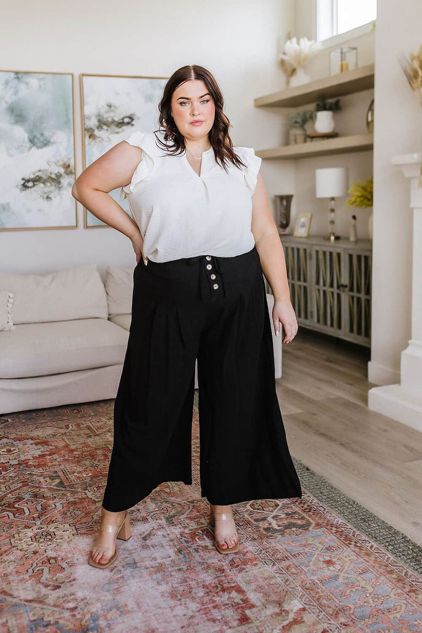 Black Buttoned Lace-up Waist Wide Leg Plus Size Pants