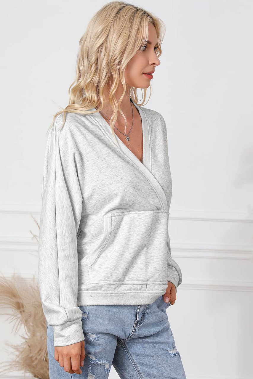 Gray Contrast Trim V Neck Wrap Sweatshirt with Pocket