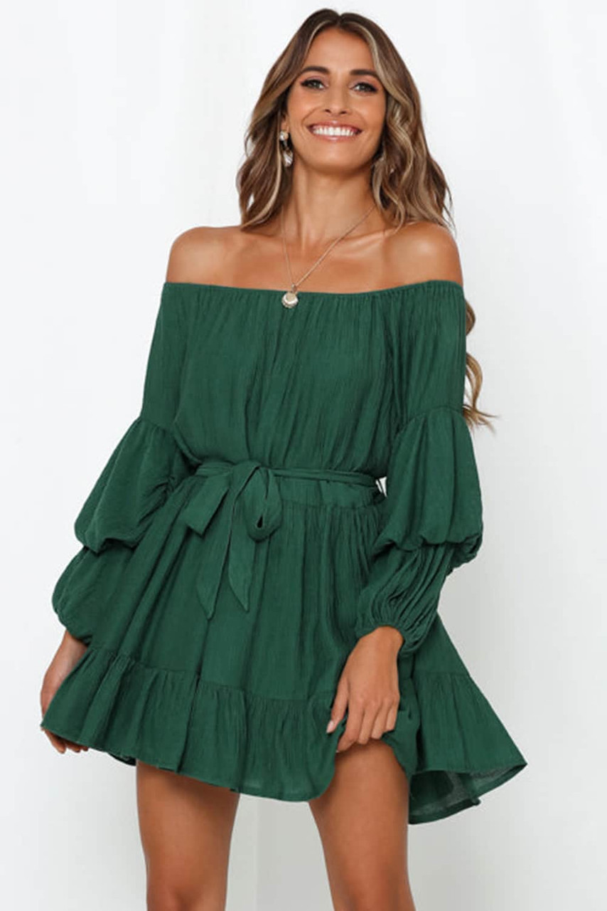 Green Off-Shoulder Tiered Bubble Sleeve Ruffled Dress