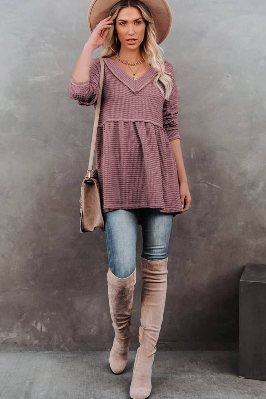 Pink Waffle Knit V Neck Long Sleeve Babydoll Top