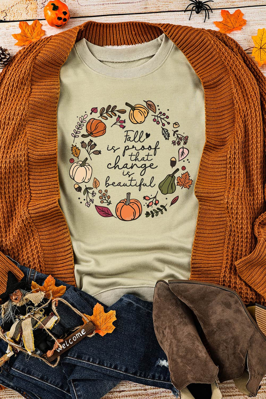 Khaki Fall Vibe Pumpkin Print Round Neck Sweatshirt