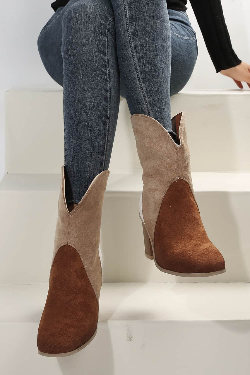 Chestnut Colorblock Suede Heeled Ankle Booties