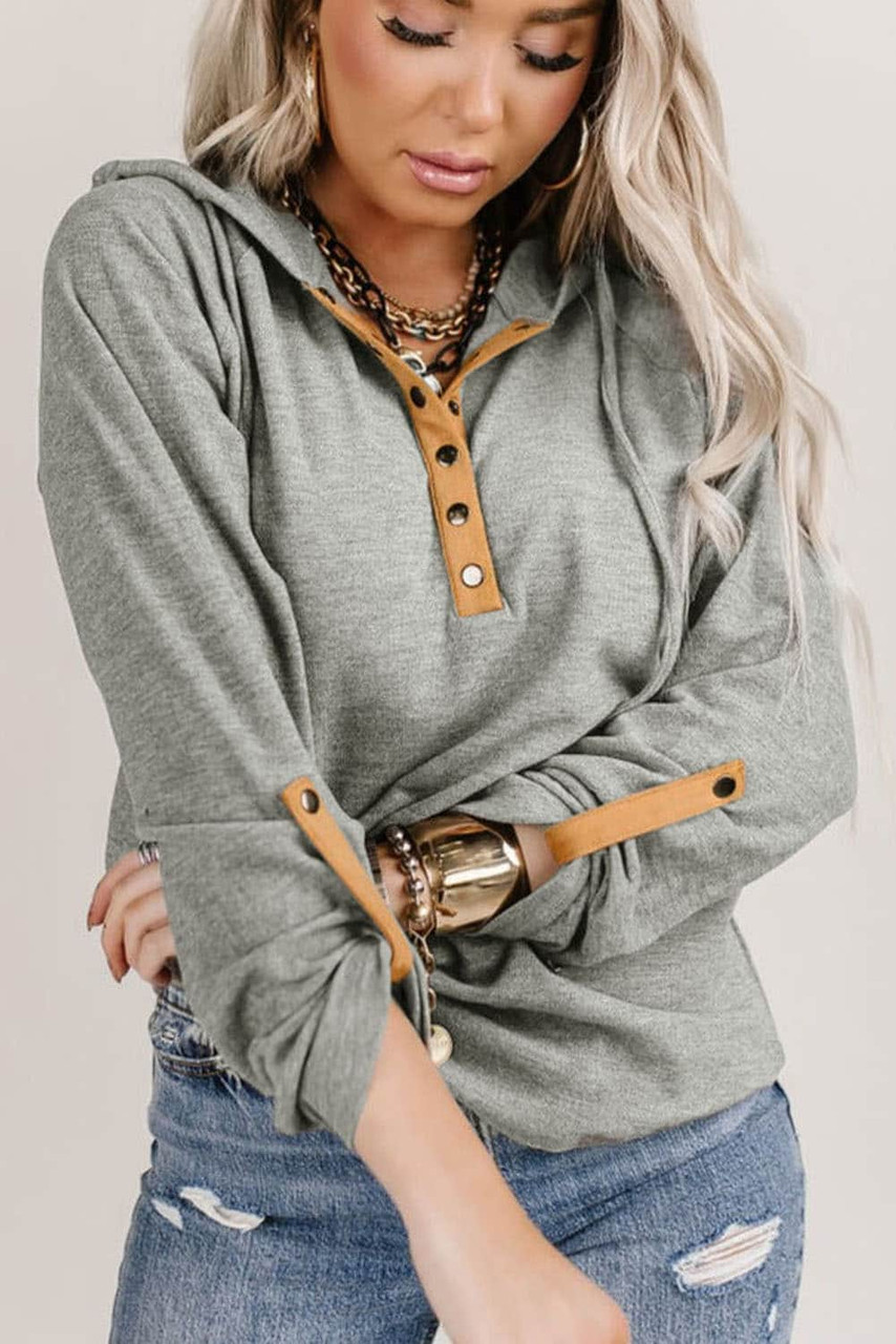 Gray Quarter Buttoned Drawstring Pullover Hoodie
