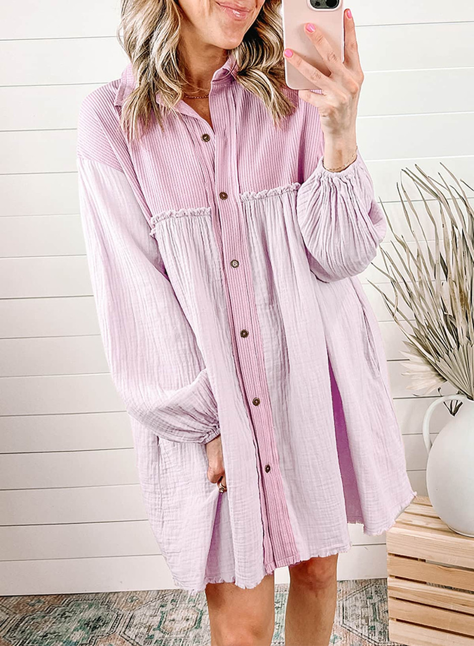 Pink Patchwork Crinkle Puff Sleeve Shirt Dress