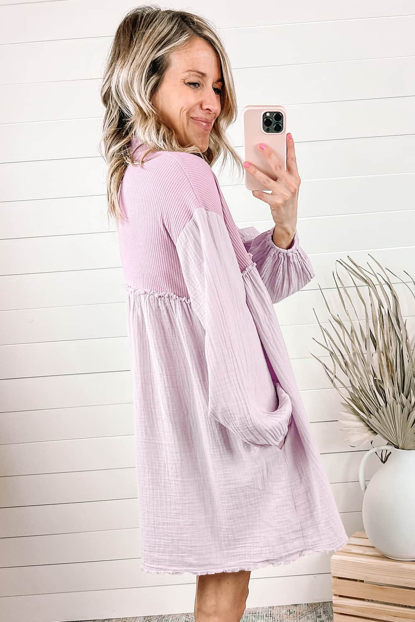 Pink Patchwork Crinkle Puff Sleeve Shirt Dress