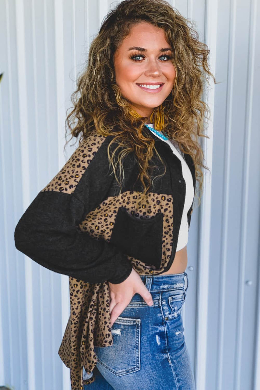 Black Leopard Print Patchwork Shacket