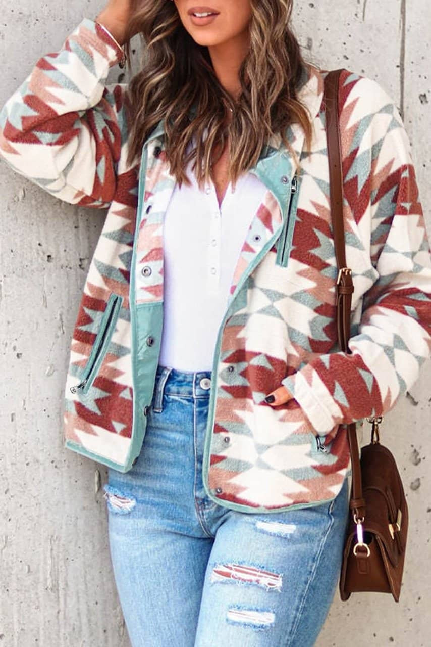 Red Western Aztec Buttoned Zipper Pockets Fleece Jacket Red Western Aztec Buttoned Zipper Pockets Fleece Jacket