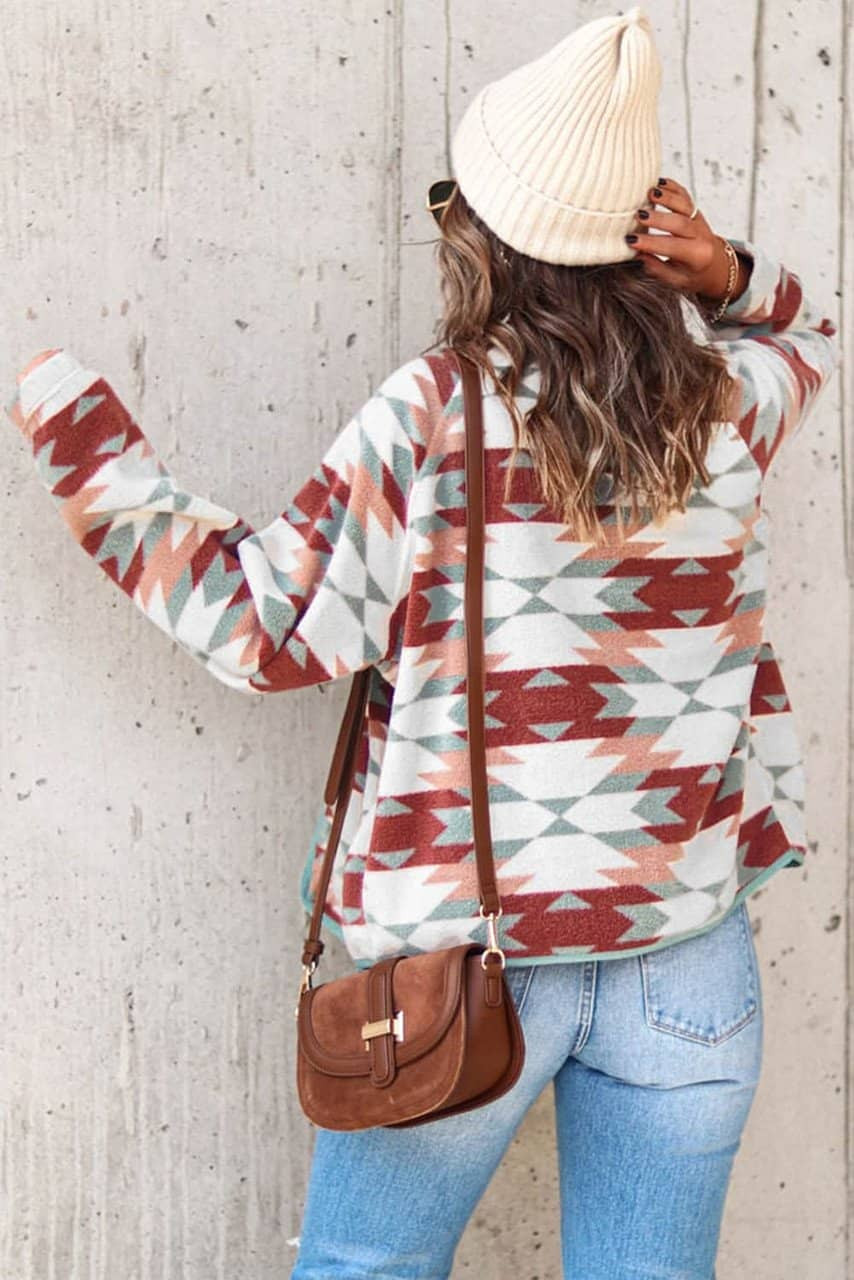 Red Western Aztec Buttoned Zipper Pockets Fleece Jacket Red Western Aztec Buttoned Zipper Pockets Fleece Jacket
