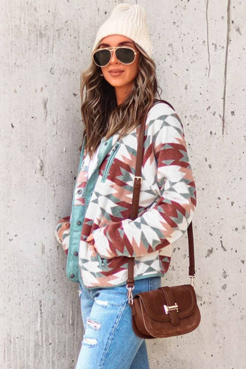Red Western Aztec Buttoned Zipper Pockets Fleece Jacket Red Western Aztec Buttoned Zipper Pockets Fleece Jacket