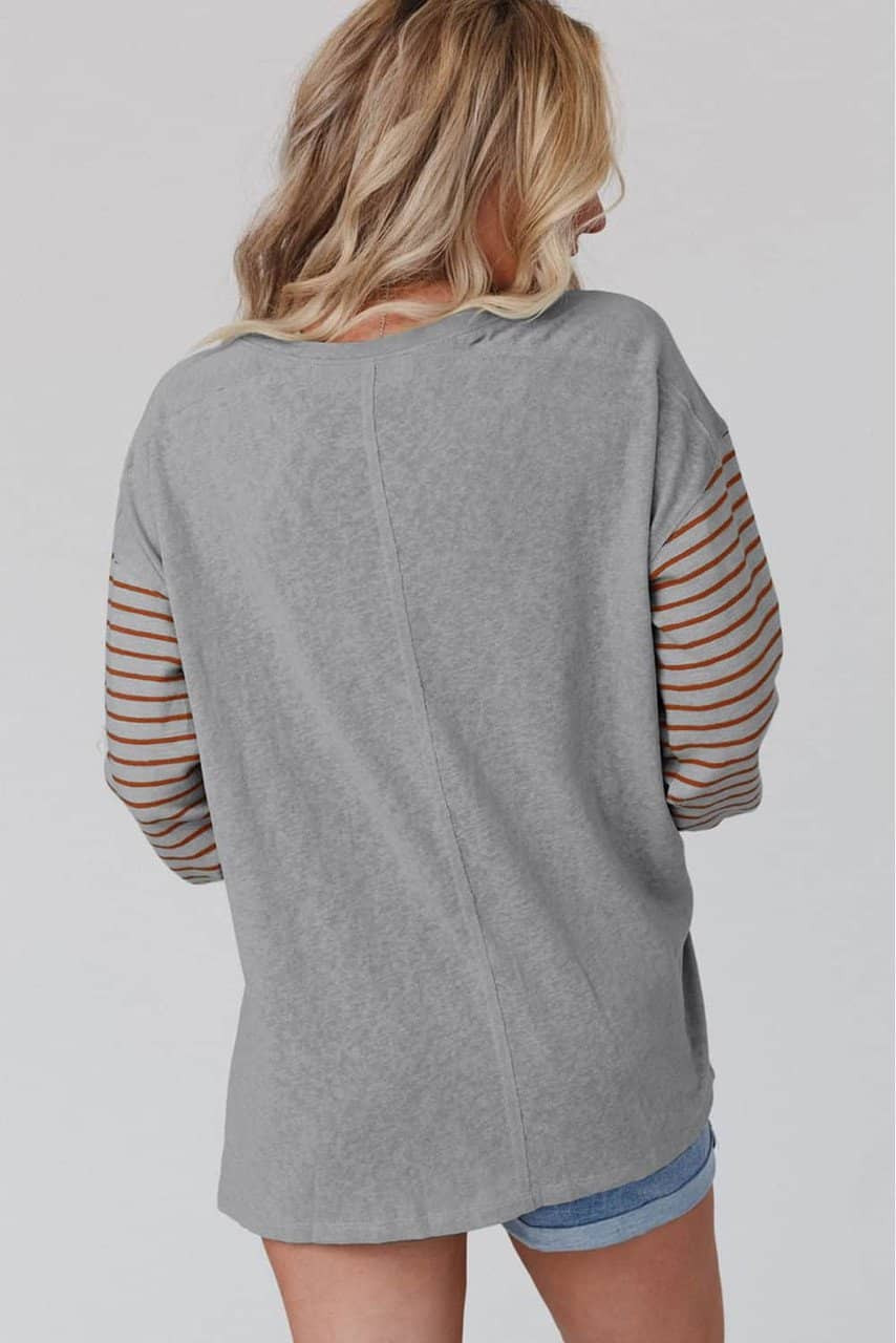 Gray Colorblock Striped Bishop Sleeve Top Gray Colorblock Striped Bishop Sleeve Top