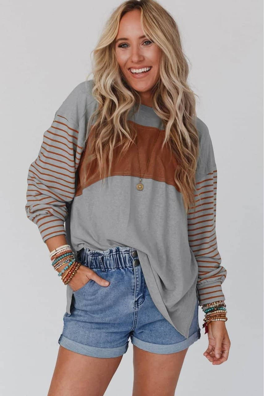 Gray Colorblock Striped Bishop Sleeve Top Gray Colorblock Striped Bishop Sleeve Top