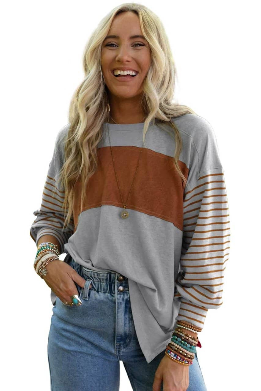 Gray Colorblock Striped Bishop Sleeve Top Gray Colorblock Striped Bishop Sleeve Top