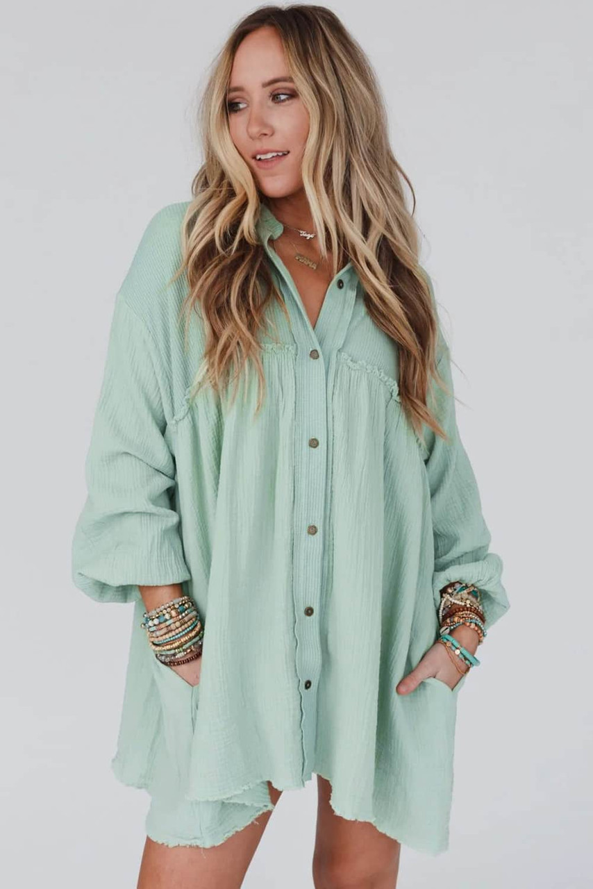 Green Patchwork Crinkle Puff Sleeve Shirt Dress